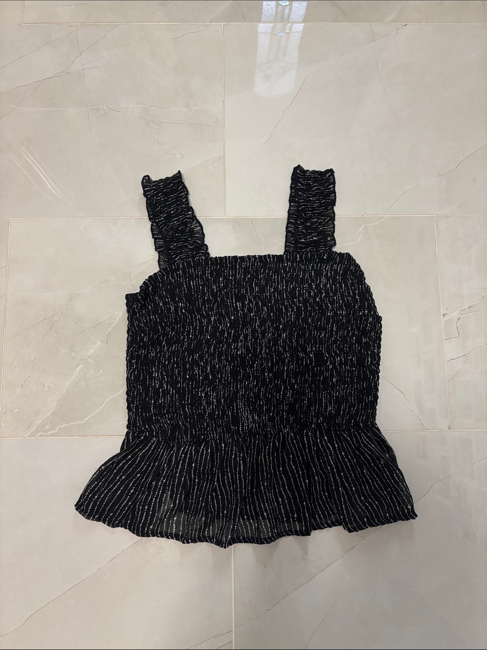 Smocked Black Tank Top with Metallic Stripe Detail
